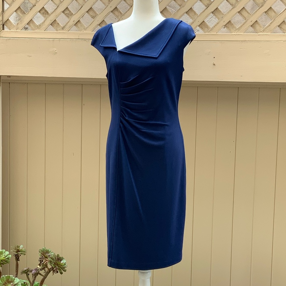 David Meister Blue Dress. Sz. 8 Fully Lined. 72% Rayon 24% Nylon 4% Spandex.